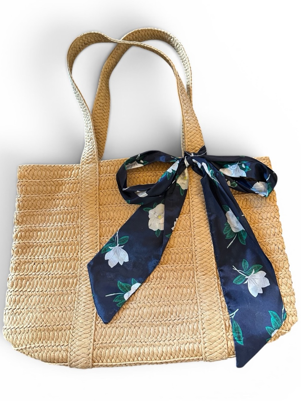 NWT Draper James Tan Woven Tote with Navy Floral Scarf Tie